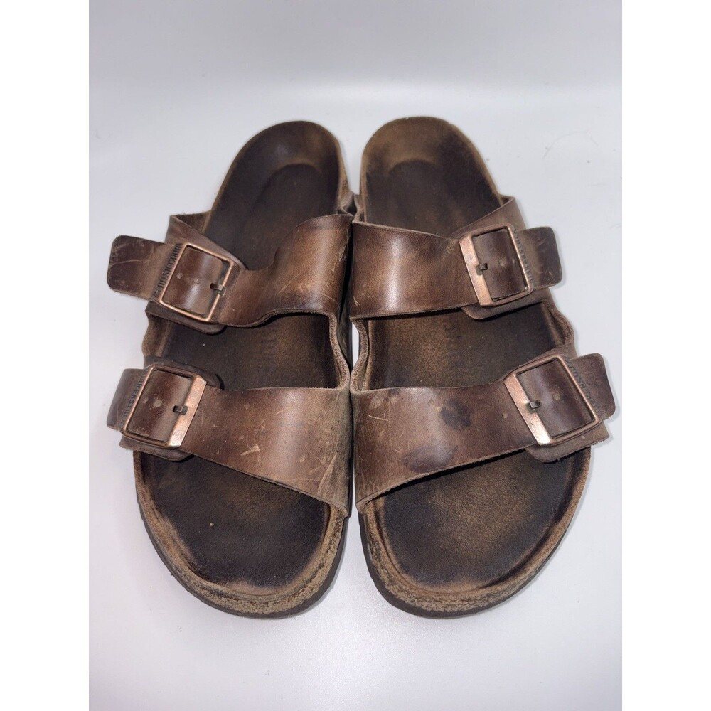 Birkenstock Arizona Sandals Mens 40 Brown Leather Two Strap Cork Footbed Slip On - Picture 6 of 10